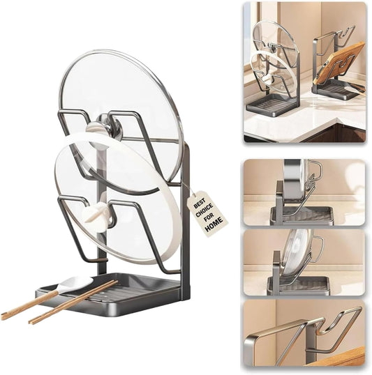 Kitchen Pot Lid Storage Rack, Pot Lid Holder for Countertop, Pot Lid Organizer Rack with Tray, Lid And Spoon Rest, Multifunctional Stand for Stove Top Kitchen Accessories (Gray, Double-layer)