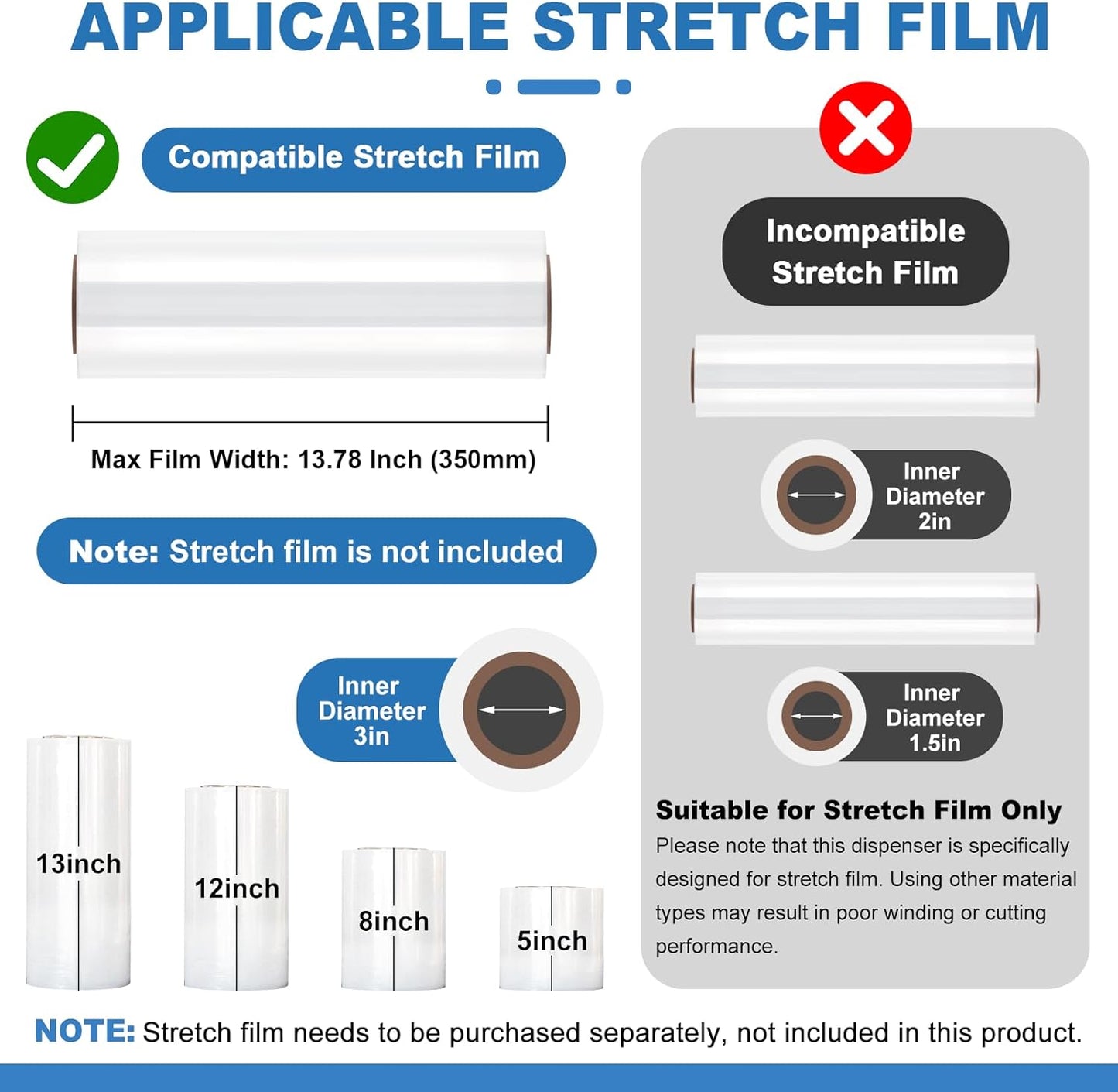 13.78 inch Stretch Film Wrap Dispenser with 2 Film-Sliding Cutters | Manual Table Stretch Film Wrapping Machine, Stainless Steel Bracket, for Commercial Warehouse Packaging, Moving and Shipping