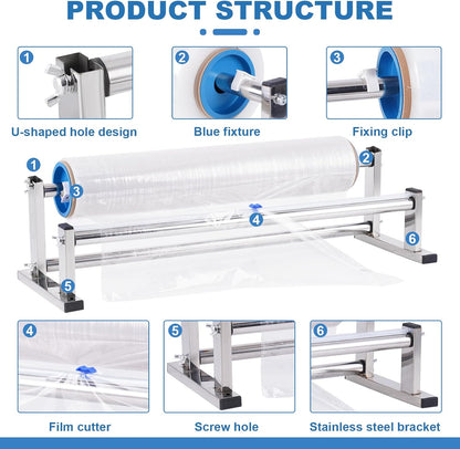 13.78 inch Stretch Film Wrap Dispenser with 2 Film-Sliding Cutters | Manual Table Stretch Film Wrapping Machine, Stainless Steel Bracket, for Commercial Warehouse Packaging, Moving and Shipping