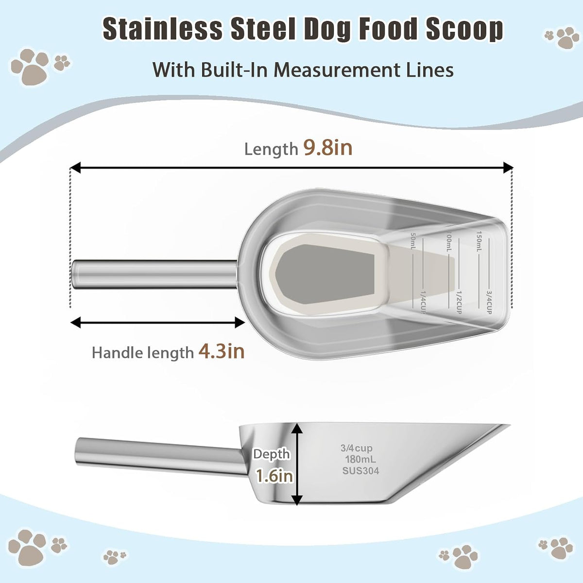 Dog-Cat Food Scoop 3/4 Cup, 304 Stainless Steel Measuring Cup