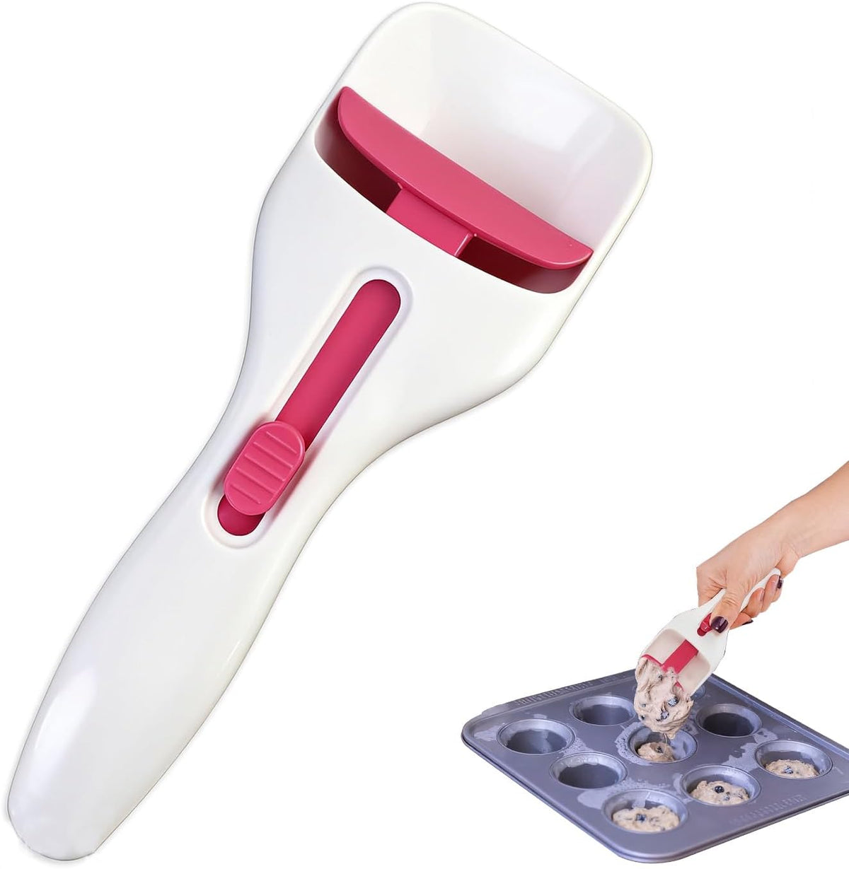 Cupcake Scoop Batter for Perfect Cookie Dough, Silicone Batter Dispenser Muffins Scoop Sliding Button, No-Mess Fast-Fill Baking Supplies for Cake Liquid Chocolate Sauce Ice Cream, Easy to Use & Clean