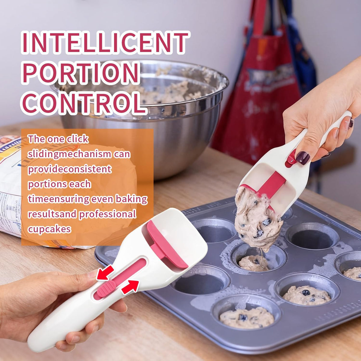 Cupcake Scoop Batter for Perfect Cookie Dough, Silicone Batter Dispenser Muffins Scoop Sliding Button, No-Mess Fast-Fill Baking Supplies for Cake Liquid Chocolate Sauce Ice Cream, Easy to Use & Clean
