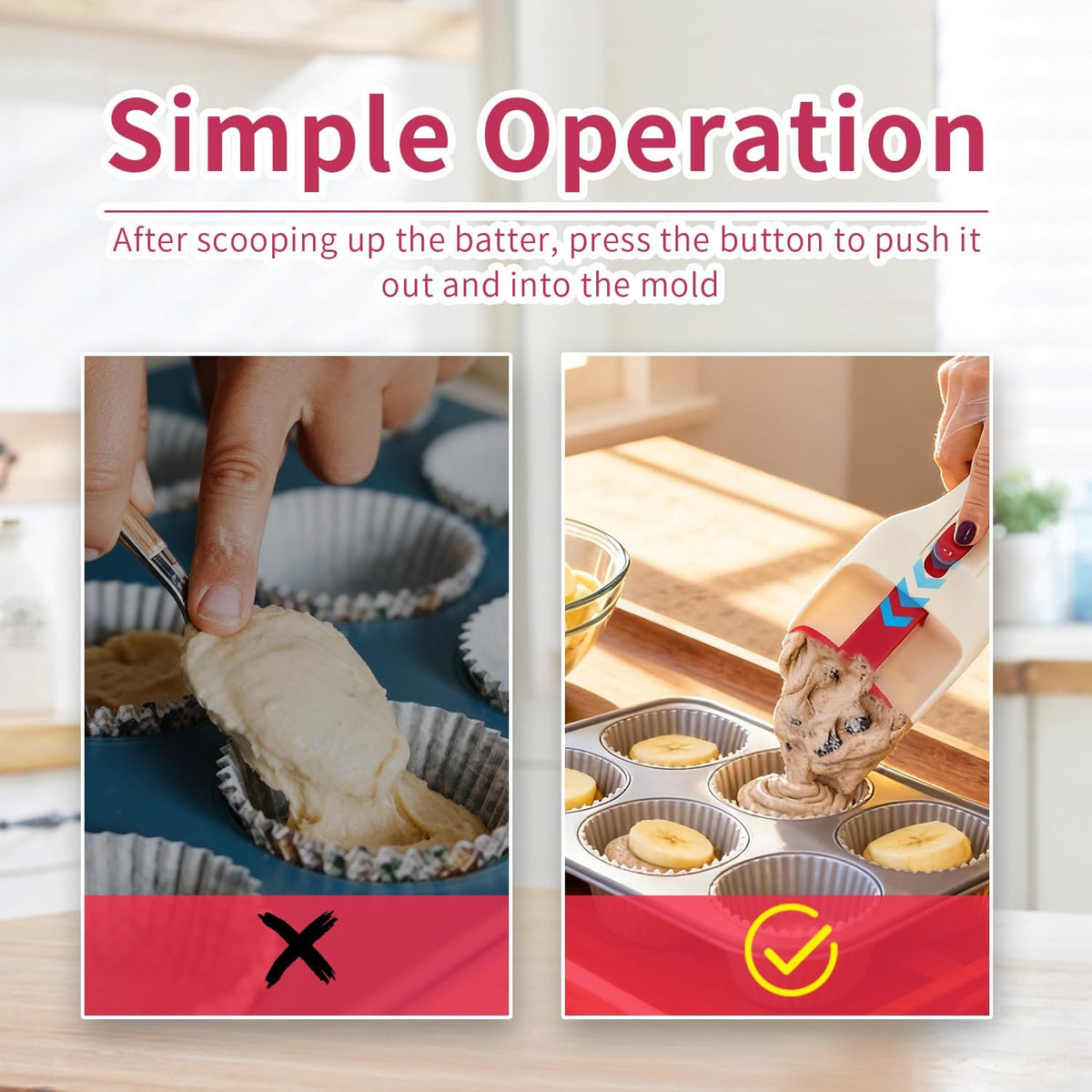 Cupcake Scoop Batter for Perfect Cookie Dough, Silicone Batter Dispenser Muffins Scoop Sliding Button, No-Mess Fast-Fill Baking Supplies for Cake Liquid Chocolate Sauce Ice Cream, Easy to Use & Clean