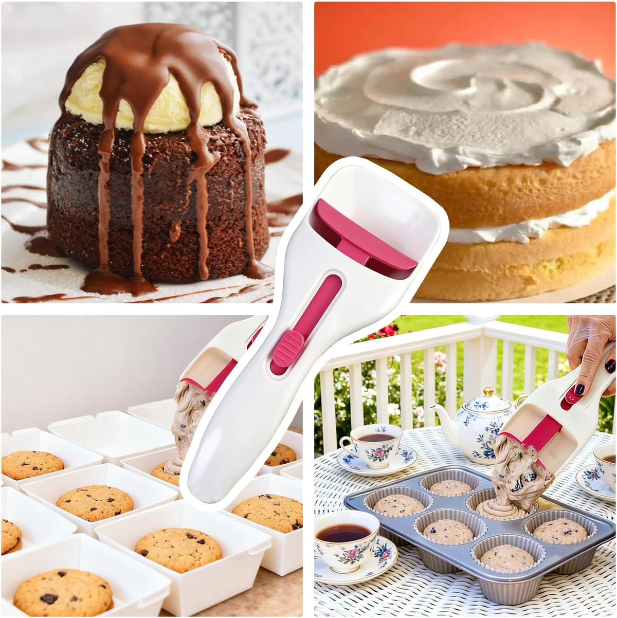 Cupcake Scoop Batter for Perfect Cookie Dough, Silicone Batter Dispenser Muffins Scoop Sliding Button, No-Mess Fast-Fill Baking Supplies for Cake Liquid Chocolate Sauce Ice Cream, Easy to Use & Clean