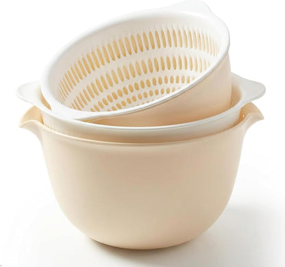 2 in 1 Kitchen Colander Set with Bowl Strainer (2 Sets 2.5 Qt),BPA Free Plastic Fruits and Vegetable Washing Basket,Dishwasher Friendly Double Layered Drain Basin,for Pasta Salad Berry Cleaning Mixing