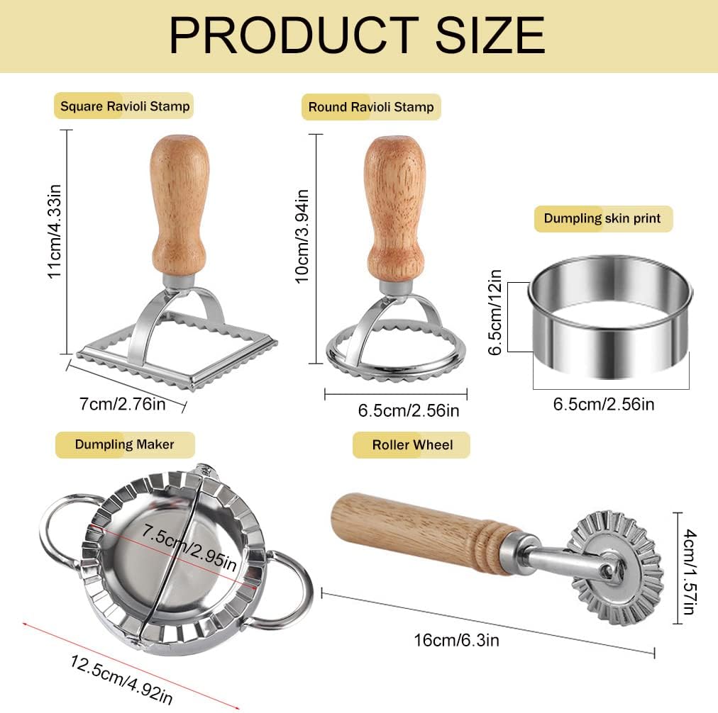 Ravioli Pasta Cutter Wheel Set of 5, Ravioli Makers with Roller Ravioli Stamp Cutter Set with Wooden Handle, Pasta Press Wheel Pasta Maker Tools For Pasta Making Dumplings, Pierogi (Silver)