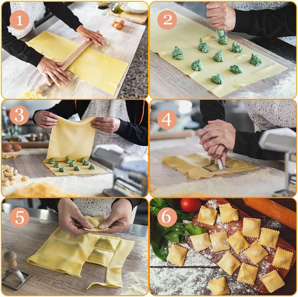 Ravioli Pasta Cutter Wheel Set of 5, Ravioli Makers with Roller Ravioli Stamp Cutter Set with Wooden Handle, Pasta Press Wheel Pasta Maker Tools For Pasta Making Dumplings, Pierogi (Silver)