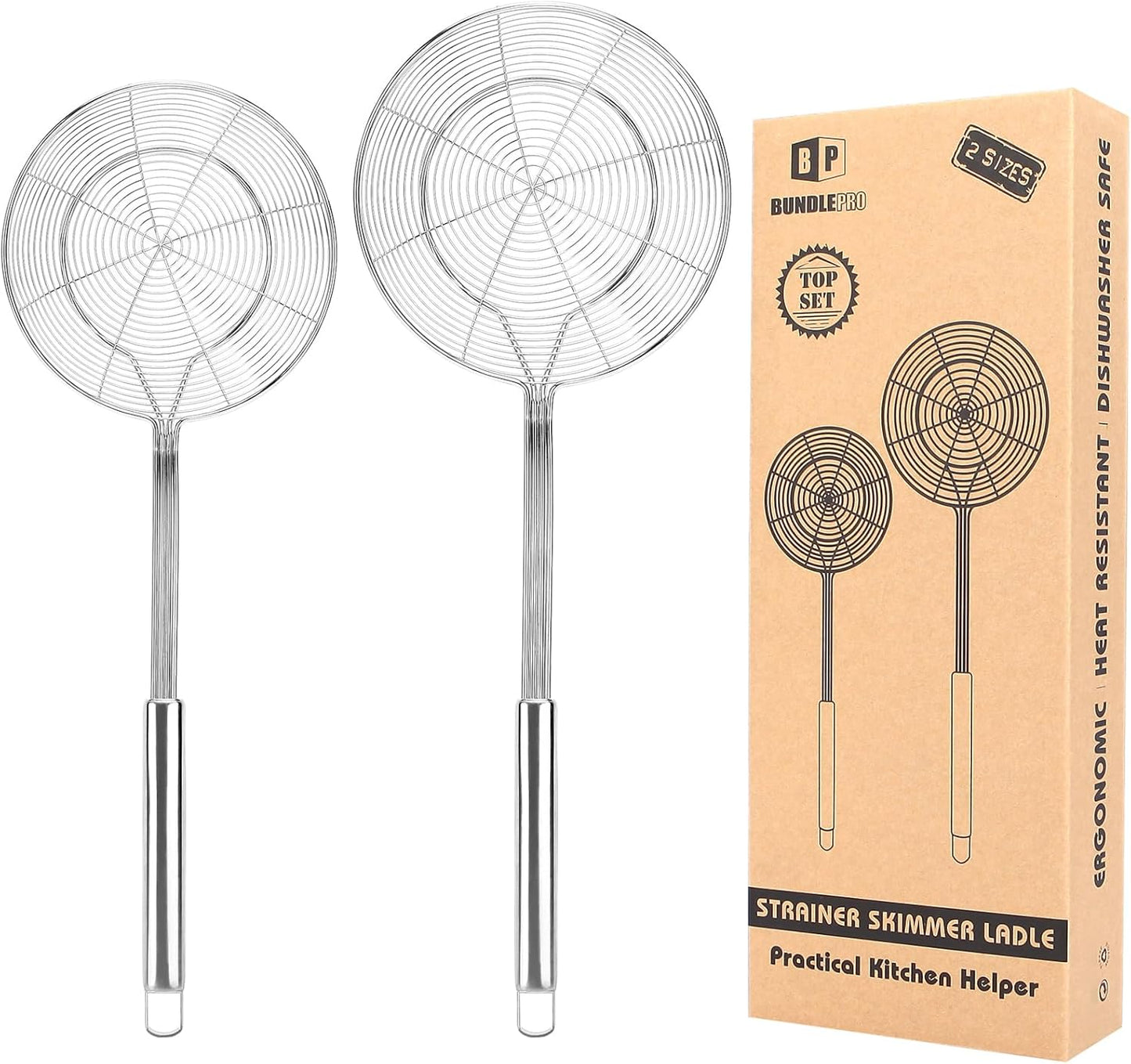 Large Stainless Steel Spider Strainer Long Handle, 2 Pack | Skimmer Basket, Ladle Strainers for Frying, Boiling Noodles, Dumplings, Pasta