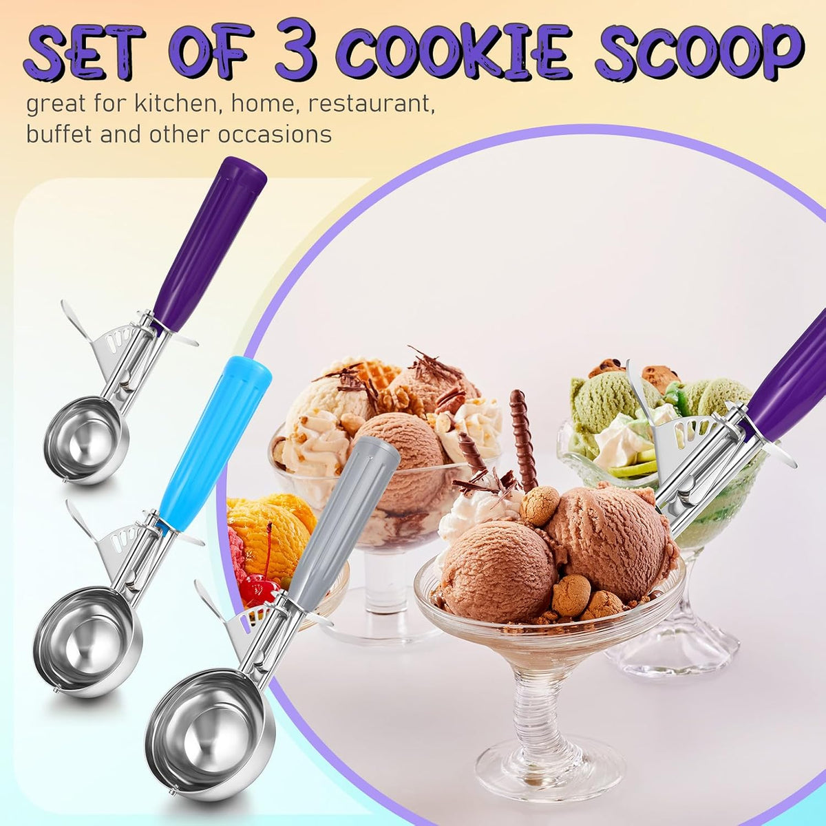 3 Pcs Ice Cream Scooper with Trigger, 4+2+1 oz, 3 Colors