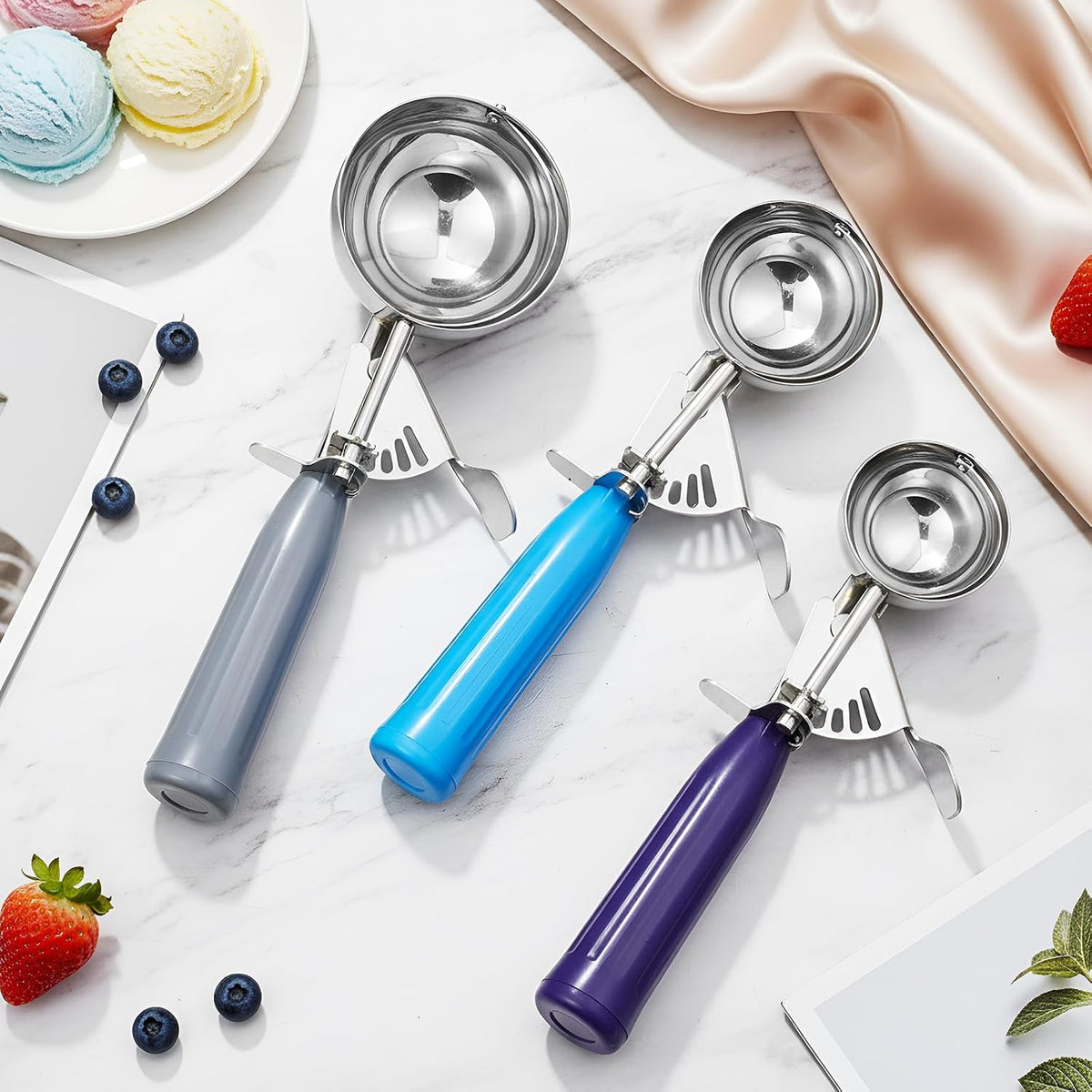 3 Pcs Ice Cream Scooper with Trigger, 4+2+1 oz, 3 Colors