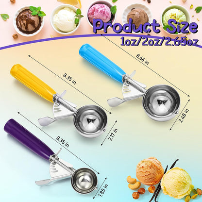 3 Pcs Ice Cream Scooper with Trigger, 4+2+1 oz, 3 Colors