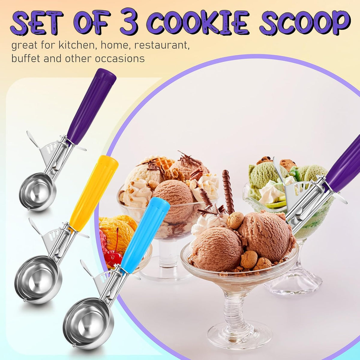 3 Pcs Ice Cream Scooper with Trigger, 4+2+1 oz, 3 Colors