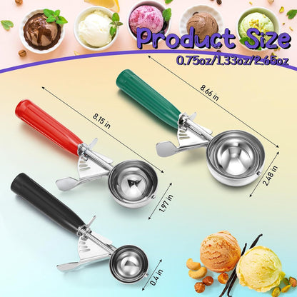 3 Pcs Ice Cream Scooper with Trigger, 4+2+1 oz, 3 Colors