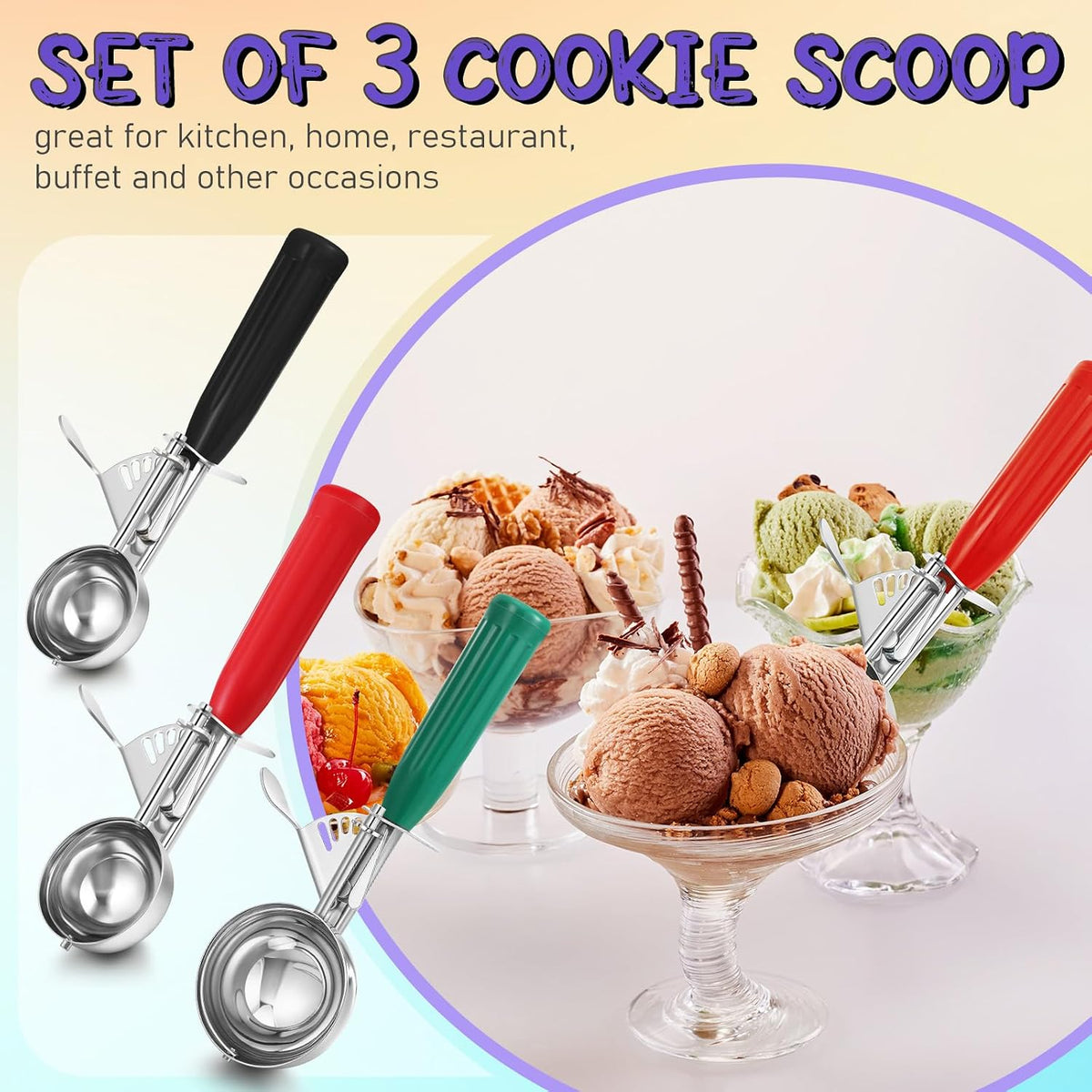 3 Pcs Ice Cream Scooper with Trigger, 4+2+1 oz, 3 Colors