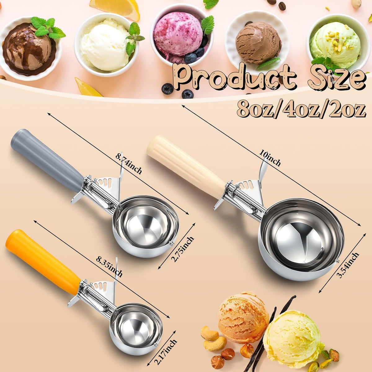 3 Pcs Ice Cream Scooper with Trigger, 4+2+1 oz, 3 Colors