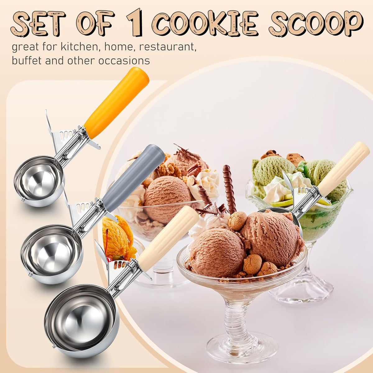3 Pcs Ice Cream Scooper with Trigger, 4+2+1 oz, 3 Colors