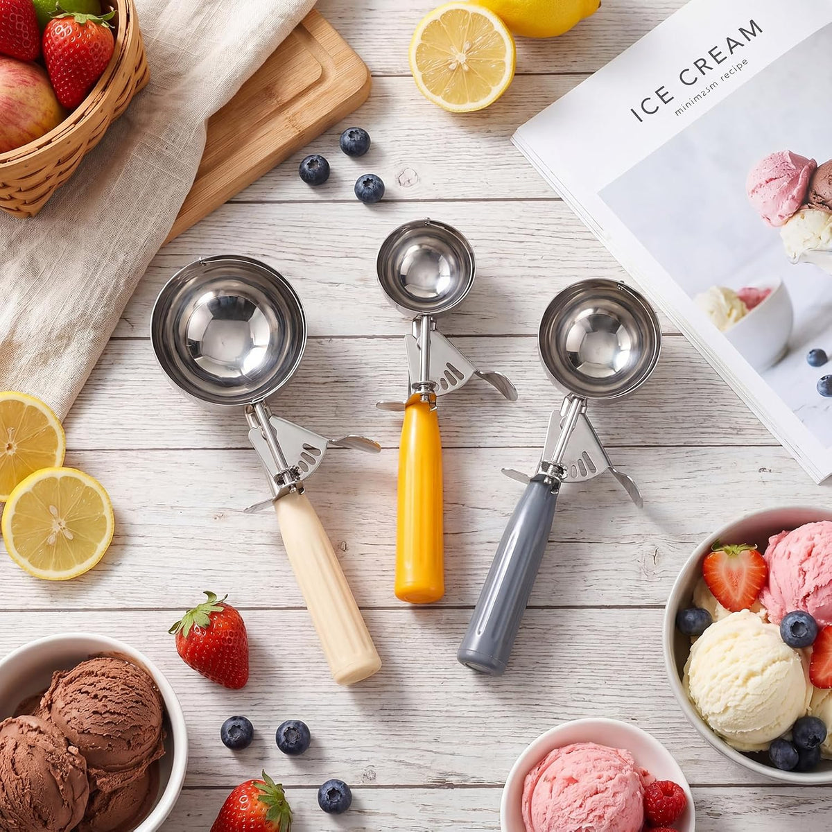 3 Pcs Ice Cream Scooper with Trigger, 4+2+1 oz, 3 Colors