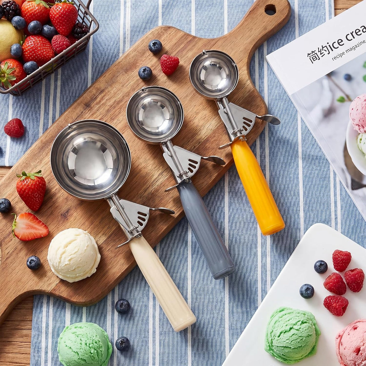 3 Pcs Ice Cream Scooper with Trigger, 4+2+1 oz, 3 Colors