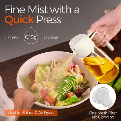16 oz 2-in-1 Glass Olive Oil Sprayer for Cooking, Creamy White | Food-grade dispenser bottle, 470 ml, spray and pour, portion control, stickers included, for salad, frying and BBQ