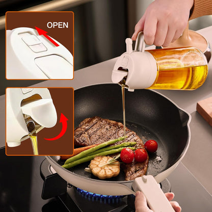16 oz 2-in-1 Glass Olive Oil Sprayer for Cooking, Creamy White | Food-grade dispenser bottle, 470 ml, spray and pour, portion control, stickers included, for salad, frying and BBQ