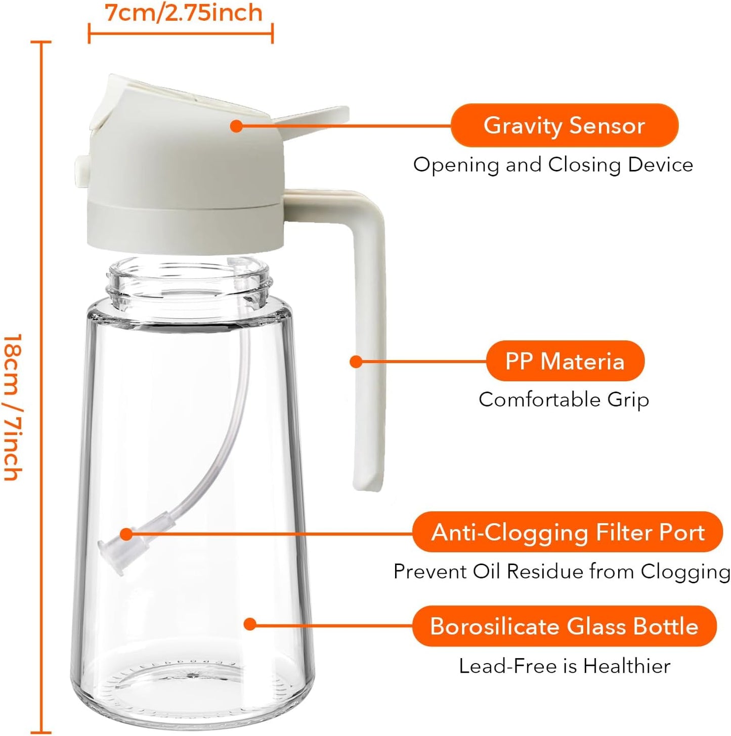 16 oz 2-in-1 Glass Olive Oil Sprayer for Cooking, Creamy White | Food-grade dispenser bottle, 470 ml, spray and pour, portion control, stickers included, for salad, frying and BBQ