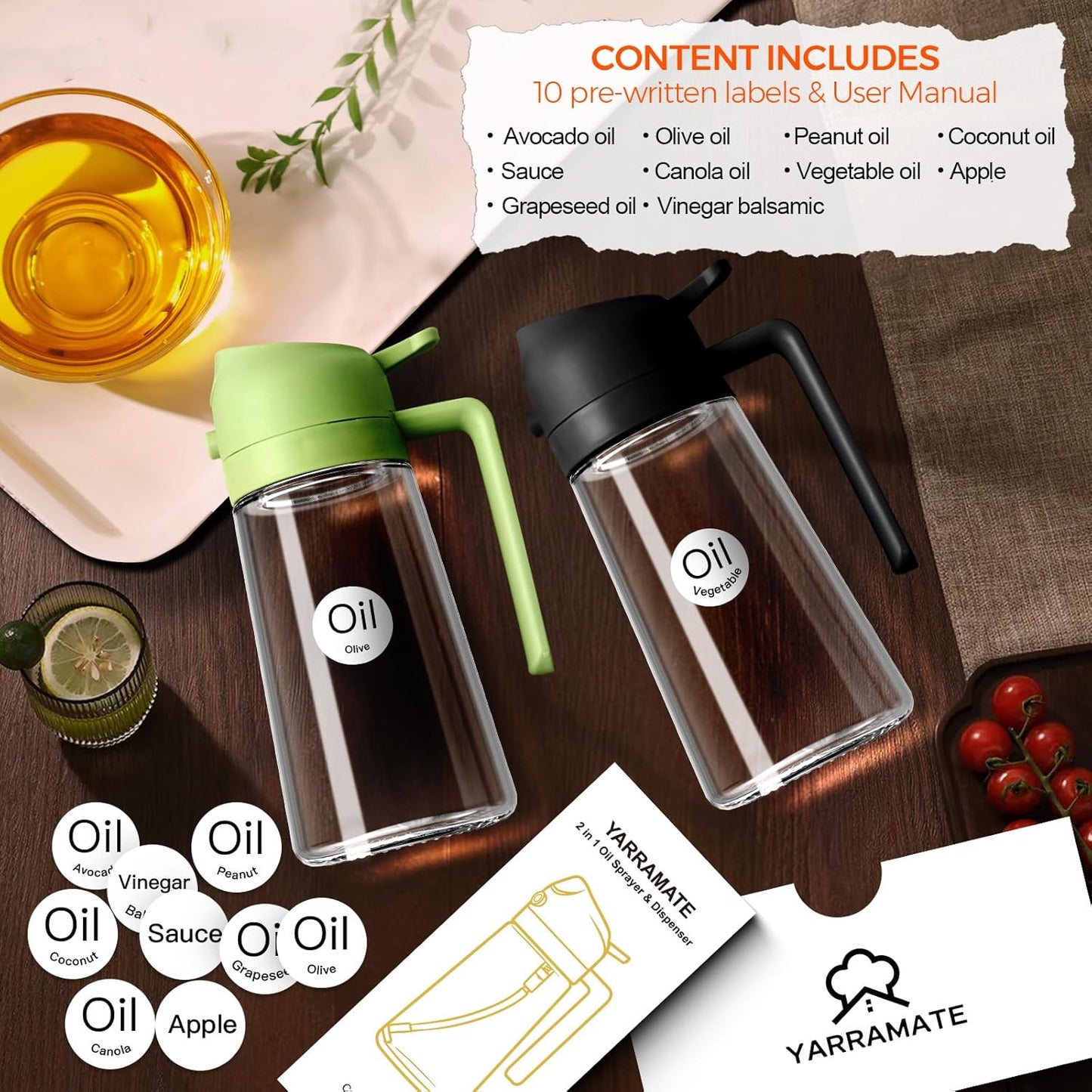16 oz 2-in-1 Glass Olive Oil Sprayer for Cooking, Creamy White | Food-grade dispenser bottle, 470 ml, spray and pour, portion control, stickers included, for salad, frying and BBQ