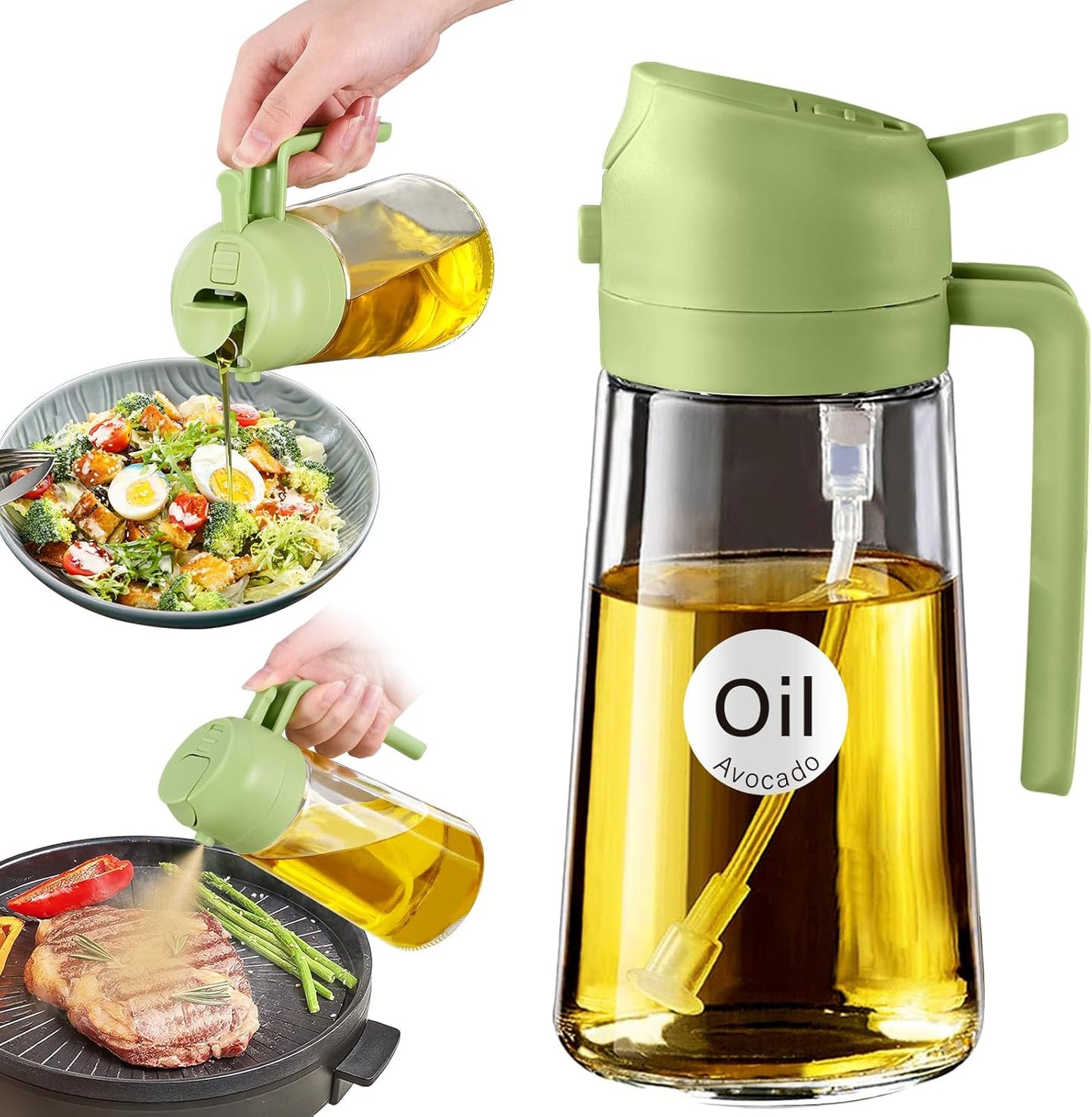 16 oz 2-in-1 Glass Olive Oil Sprayer for Cooking, Creamy White | Food-grade dispenser bottle, 470 ml, spray and pour, portion control, stickers included, for salad, frying and BBQ