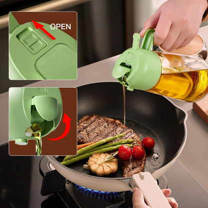 16 oz 2-in-1 Glass Olive Oil Sprayer for Cooking, Creamy White | Food-grade dispenser bottle, 470 ml, spray and pour, portion control, stickers included, for salad, frying and BBQ