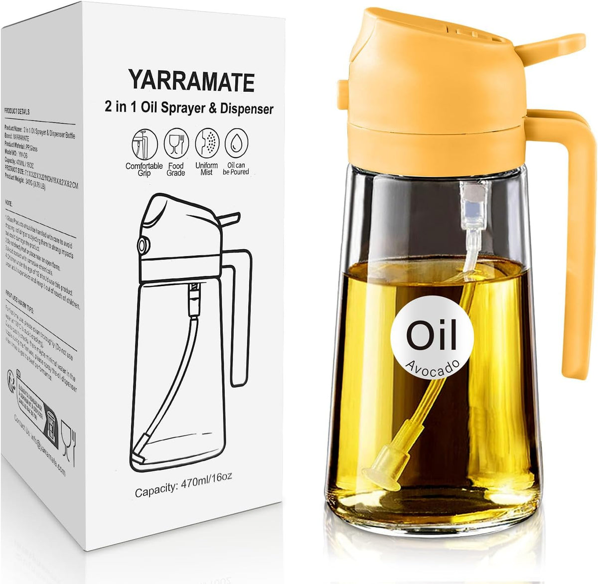 16 oz 2-in-1 Glass Olive Oil Sprayer for Cooking, Creamy White | Food-grade dispenser bottle, 470 ml, spray and pour, portion control, stickers included, for salad, frying and BBQ