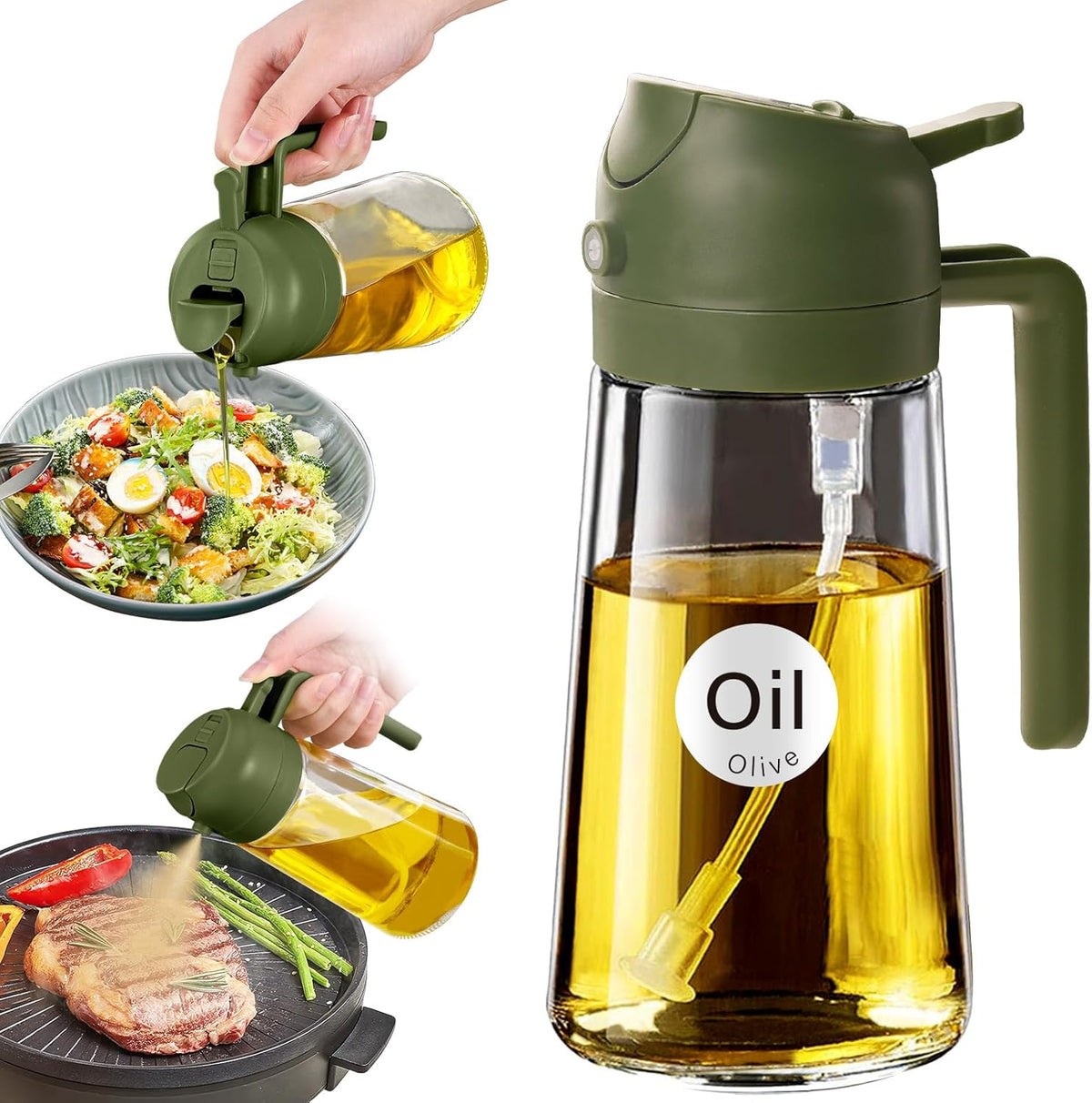 16 oz 2-in-1 Glass Olive Oil Sprayer for Cooking, Creamy White | Food-grade dispenser bottle, 470 ml, spray and pour, portion control, stickers included, for salad, frying and BBQ