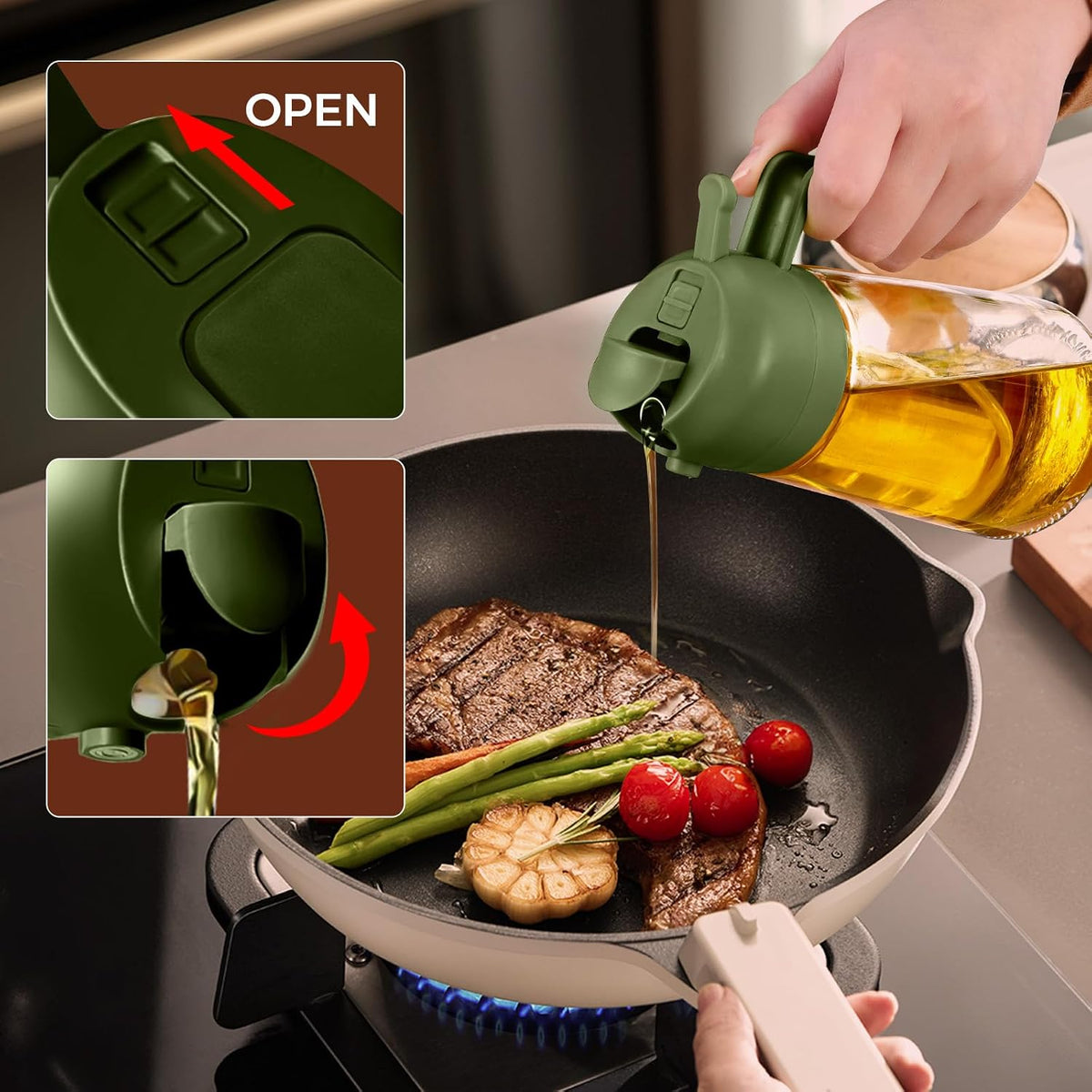 16 oz 2-in-1 Glass Olive Oil Sprayer for Cooking, Creamy White | Food-grade dispenser bottle, 470 ml, spray and pour, portion control, stickers included, for salad, frying and BBQ