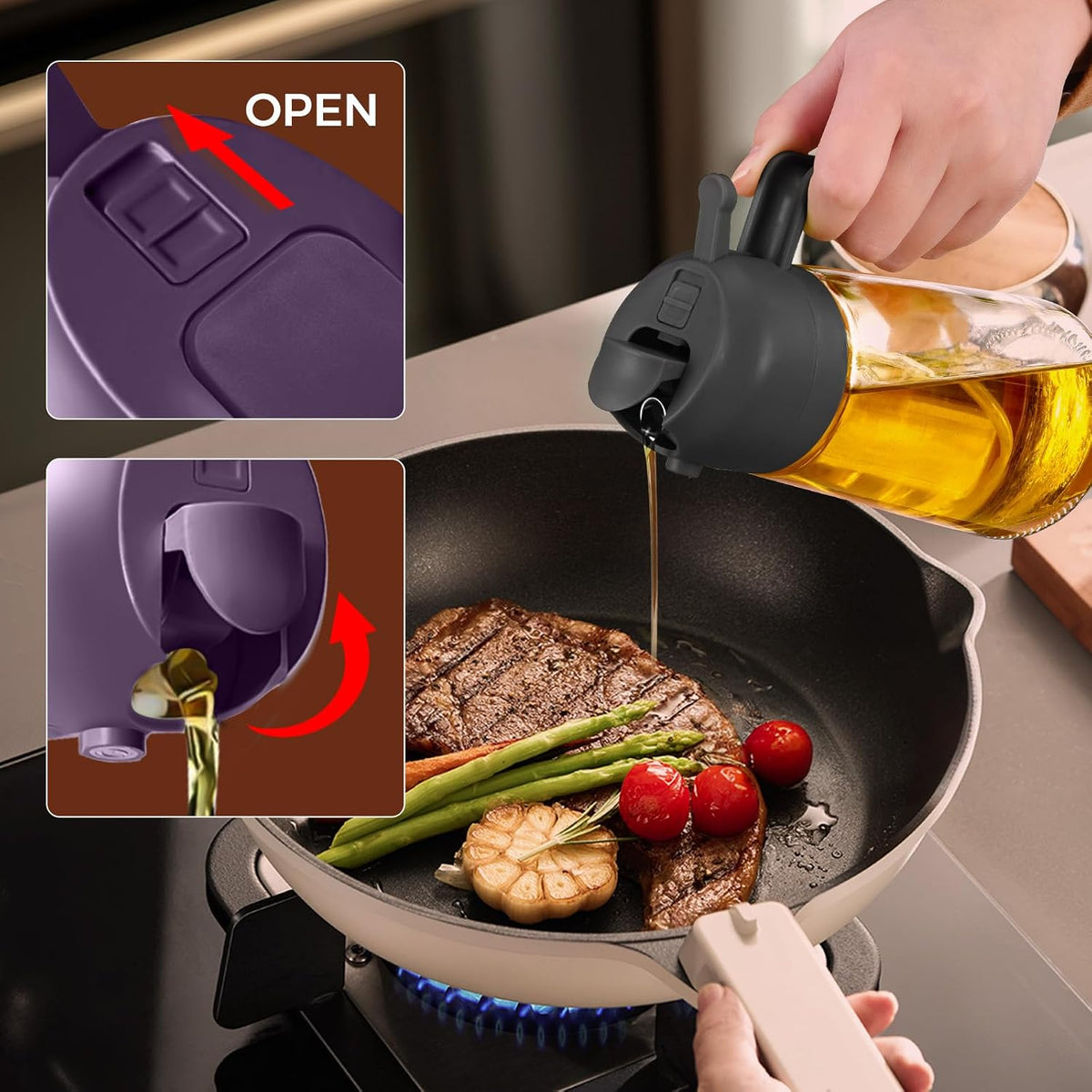 16 oz 2-in-1 Glass Olive Oil Sprayer for Cooking, Creamy White | Food-grade dispenser bottle, 470 ml, spray and pour, portion control, stickers included, for salad, frying and BBQ