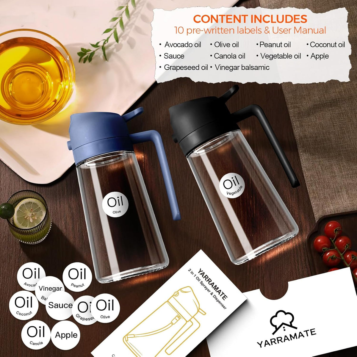 16 oz 2-in-1 Glass Olive Oil Sprayer for Cooking, Creamy White | Food-grade dispenser bottle, 470 ml, spray and pour, portion control, stickers included, for salad, frying and BBQ