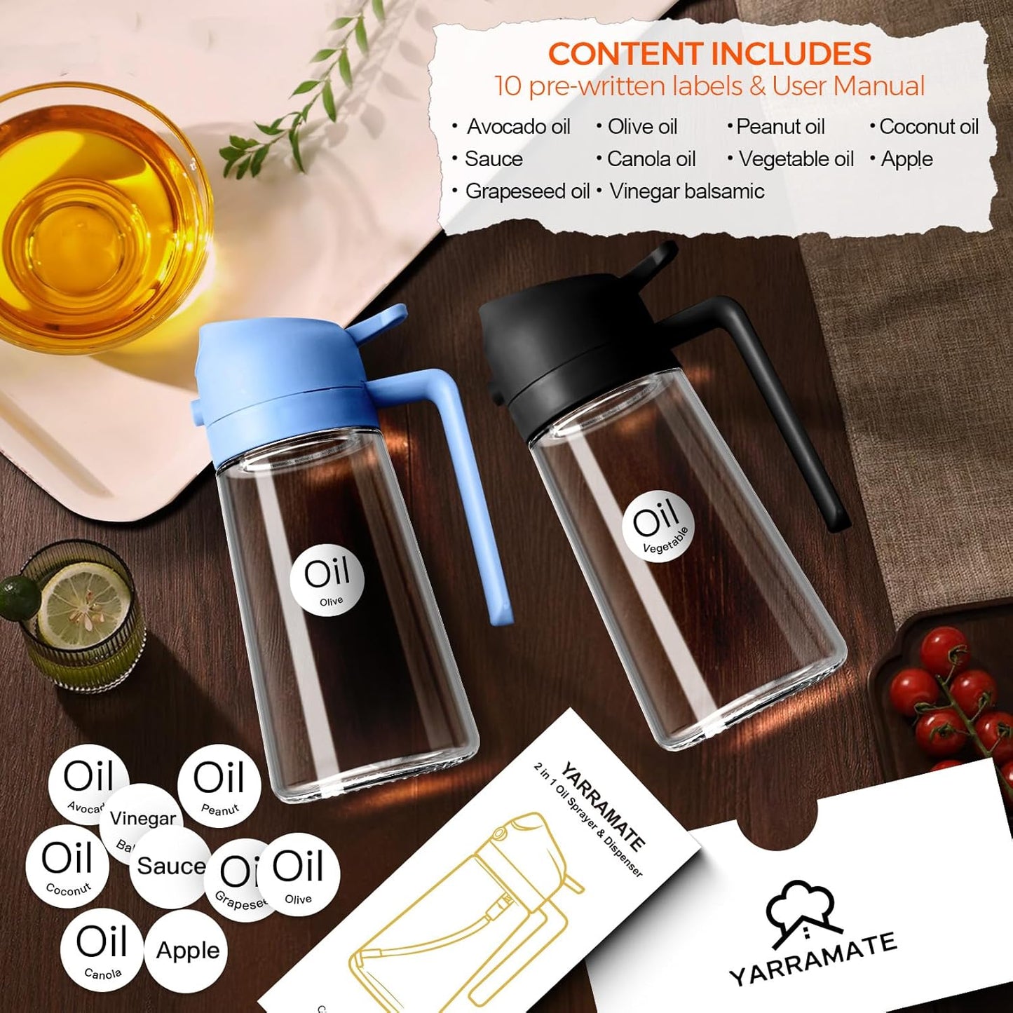 16 oz 2-in-1 Glass Olive Oil Sprayer for Cooking, Creamy White | Food-grade dispenser bottle, 470 ml, spray and pour, portion control, stickers included, for salad, frying and BBQ