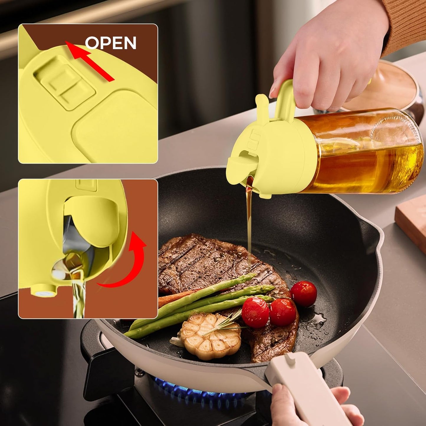 16 oz 2-in-1 Glass Olive Oil Sprayer for Cooking, Creamy White | Food-grade dispenser bottle, 470 ml, spray and pour, portion control, stickers included, for salad, frying and BBQ