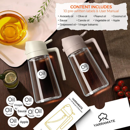 16 oz 2-in-1 Glass Olive Oil Sprayer for Cooking, Creamy White | Food-grade dispenser bottle, 470 ml, spray and pour, portion control, stickers included, for salad, frying and BBQ