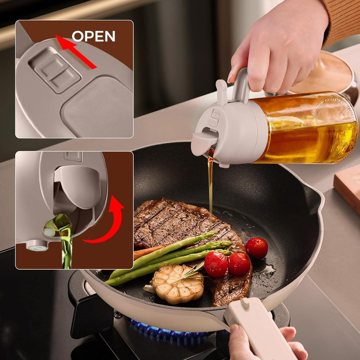 16 oz 2-in-1 Glass Olive Oil Sprayer for Cooking, Creamy White | Food-grade dispenser bottle, 470 ml, spray and pour, portion control, stickers included, for salad, frying and BBQ