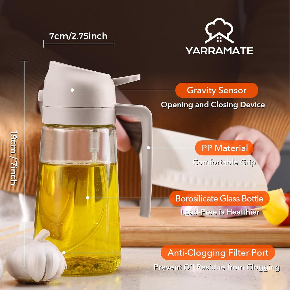 16 oz 2-in-1 Glass Olive Oil Sprayer for Cooking, Creamy White | Food-grade dispenser bottle, 470 ml, spray and pour, portion control, stickers included, for salad, frying and BBQ