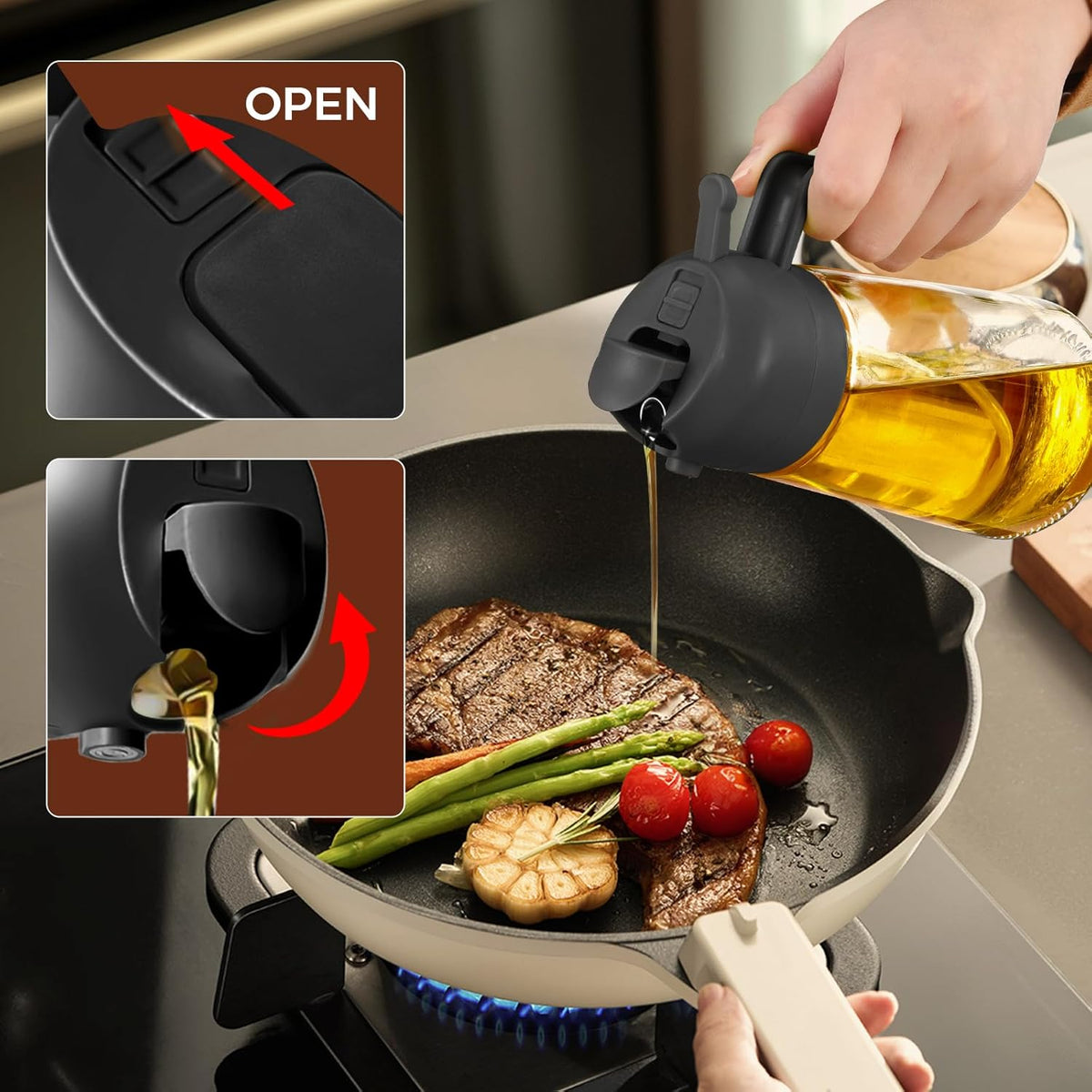 16 oz 2-in-1 Glass Olive Oil Sprayer for Cooking, Creamy White | Food-grade dispenser bottle, 470 ml, spray and pour, portion control, stickers included, for salad, frying and BBQ
