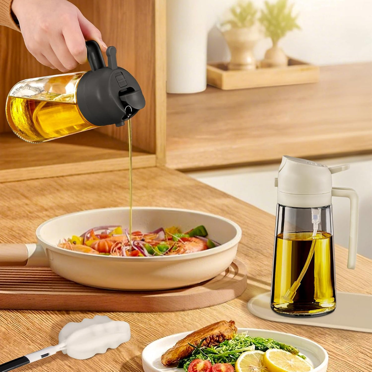 16 oz 2-in-1 Glass Olive Oil Sprayer for Cooking, Creamy White | Food-grade dispenser bottle, 470 ml, spray and pour, portion control, stickers included, for salad, frying and BBQ