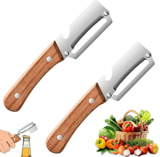 2-Pack Vegetable Peeler with Wooden Handle & Bottle Opener, Multi-Functional Kitchen Vegetable Peeler for Potato, Carrot, Fruit, Pumpkin & Veggie Peeling, Stainless Steel Kitchen Gadget Tool