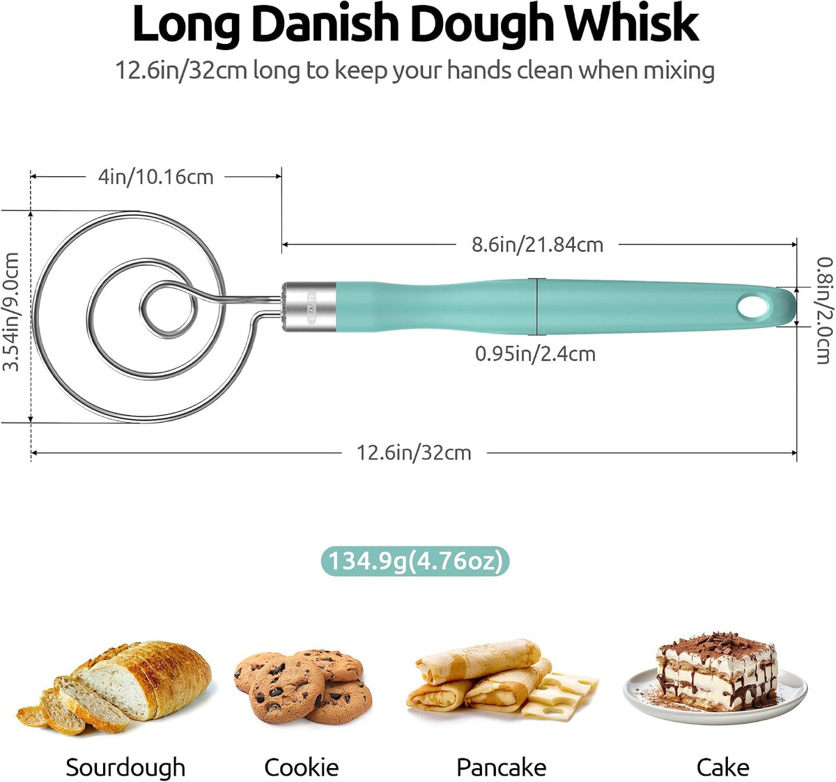 Danish Dough Whisk 18/8 Stainless Steel Sourdough Mixer, Aqua Sky