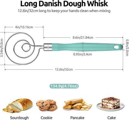 Danish Dough Whisk 18/8 Stainless Steel Sourdough Mixer, Aqua Sky
