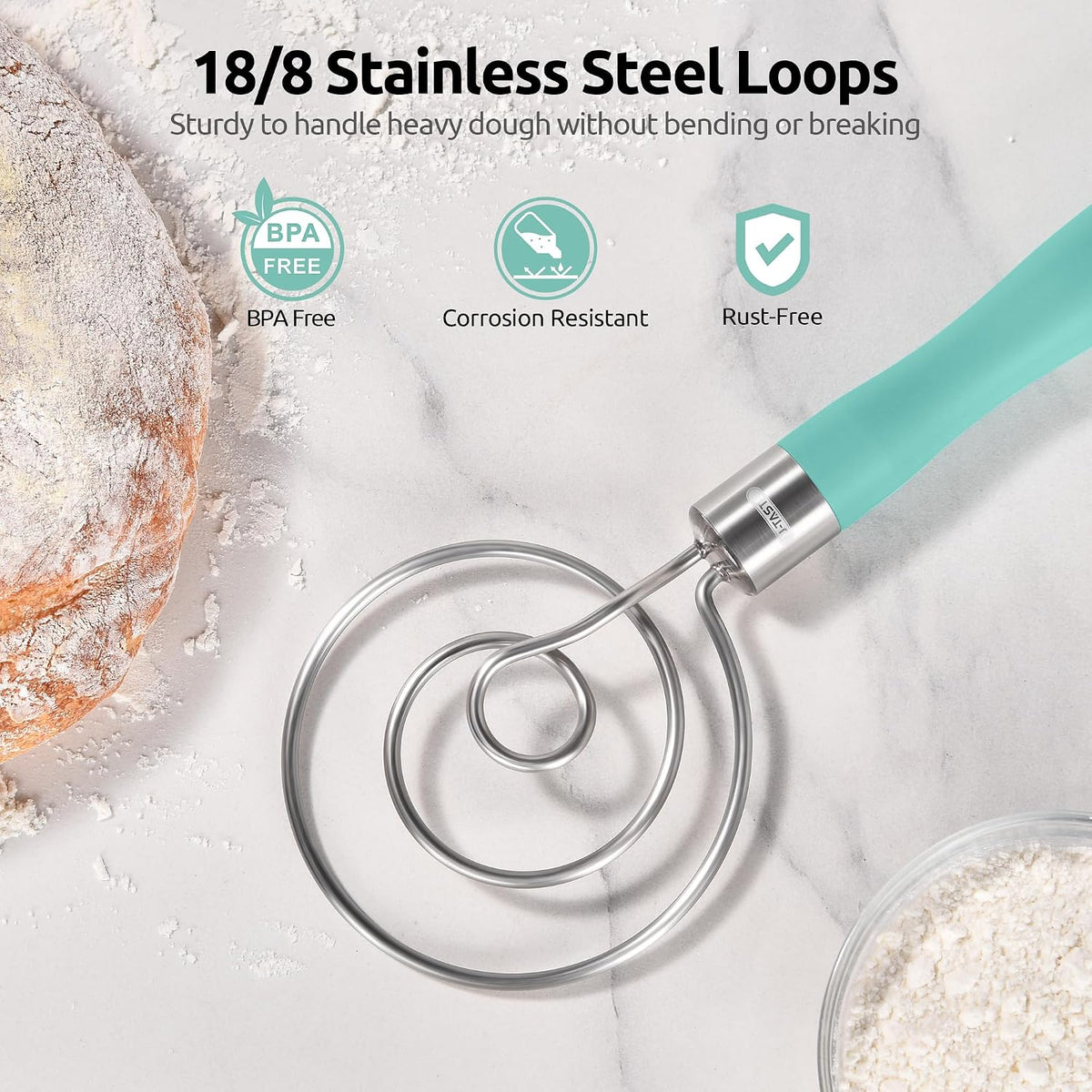 Danish Dough Whisk 18/8 Stainless Steel Sourdough Mixer, Aqua Sky
