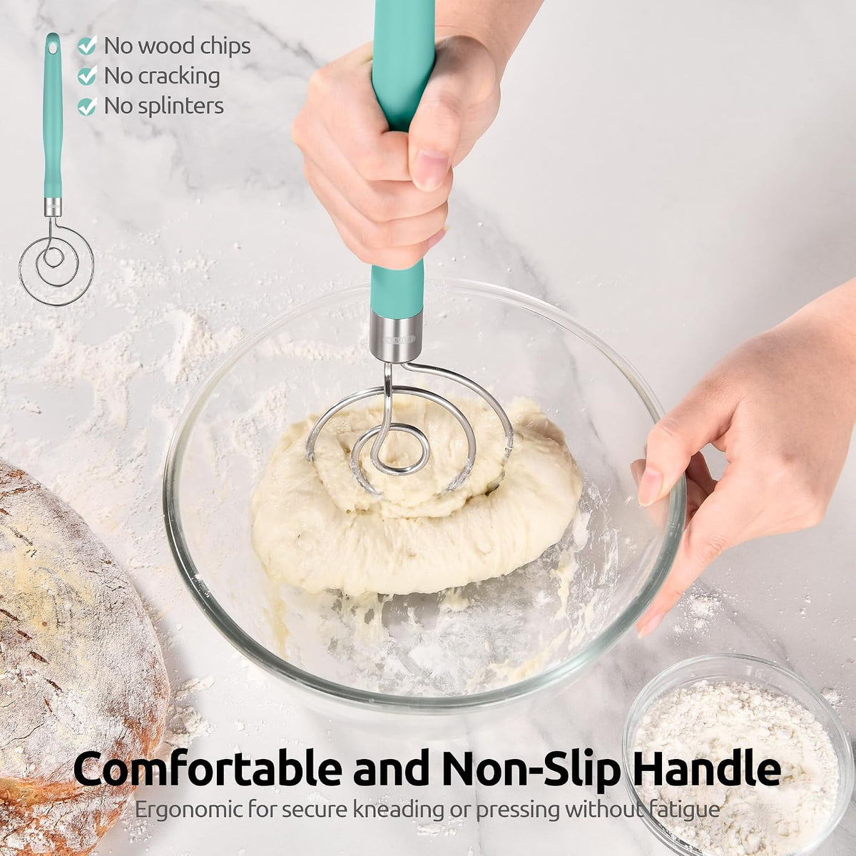 Danish Dough Whisk 18/8 Stainless Steel Sourdough Mixer, Aqua Sky