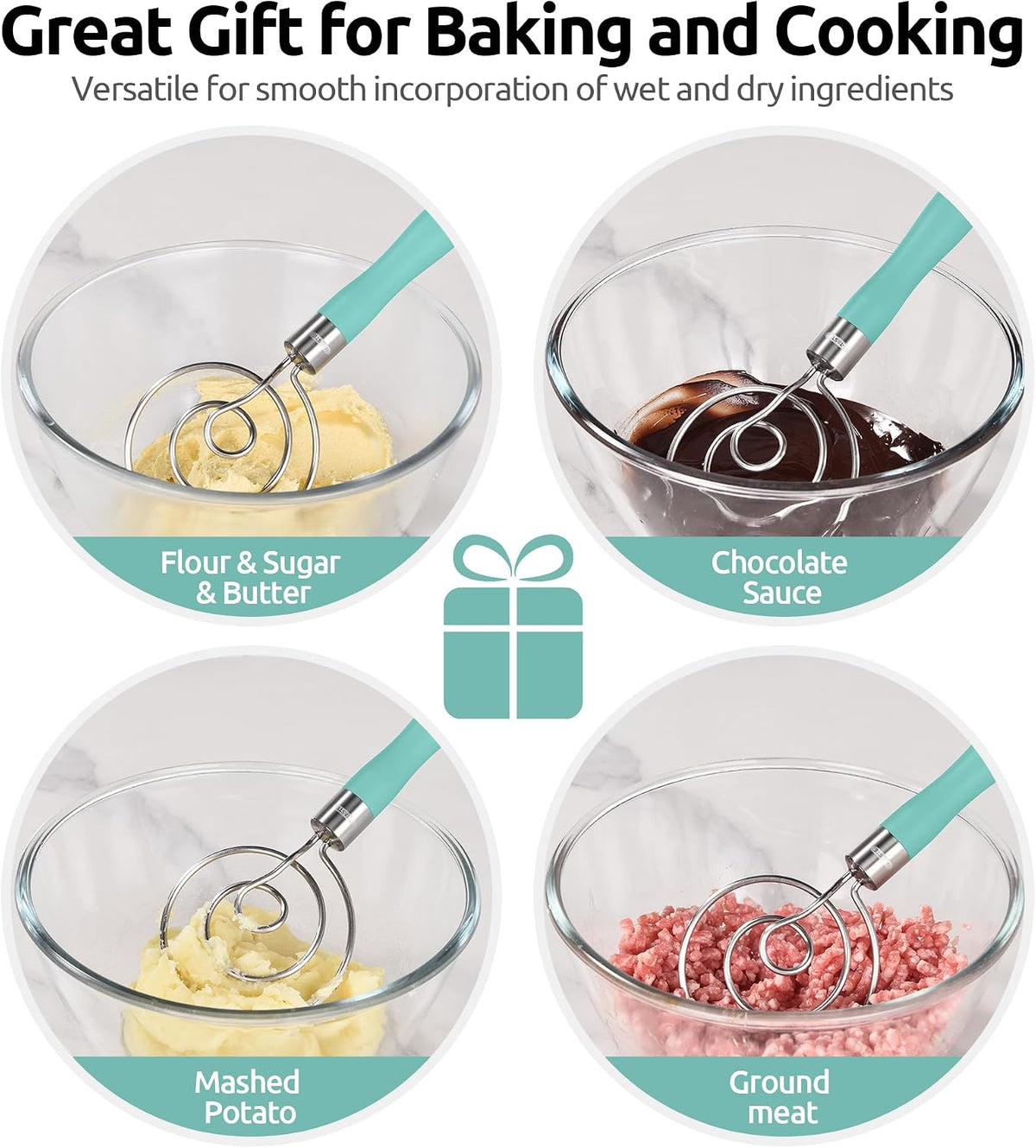 Danish Dough Whisk 18/8 Stainless Steel Sourdough Mixer, Aqua Sky
