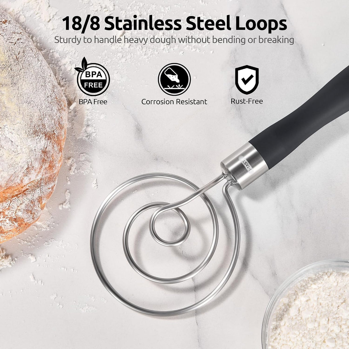 Danish Dough Whisk 18/8 Stainless Steel Sourdough Mixer, Aqua Sky