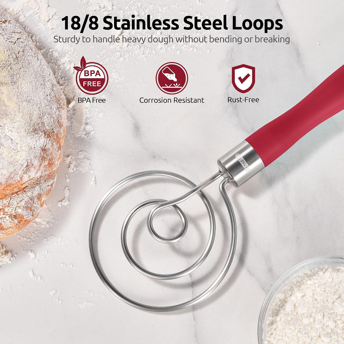 Danish Dough Whisk 18/8 Stainless Steel Sourdough Mixer, Aqua Sky