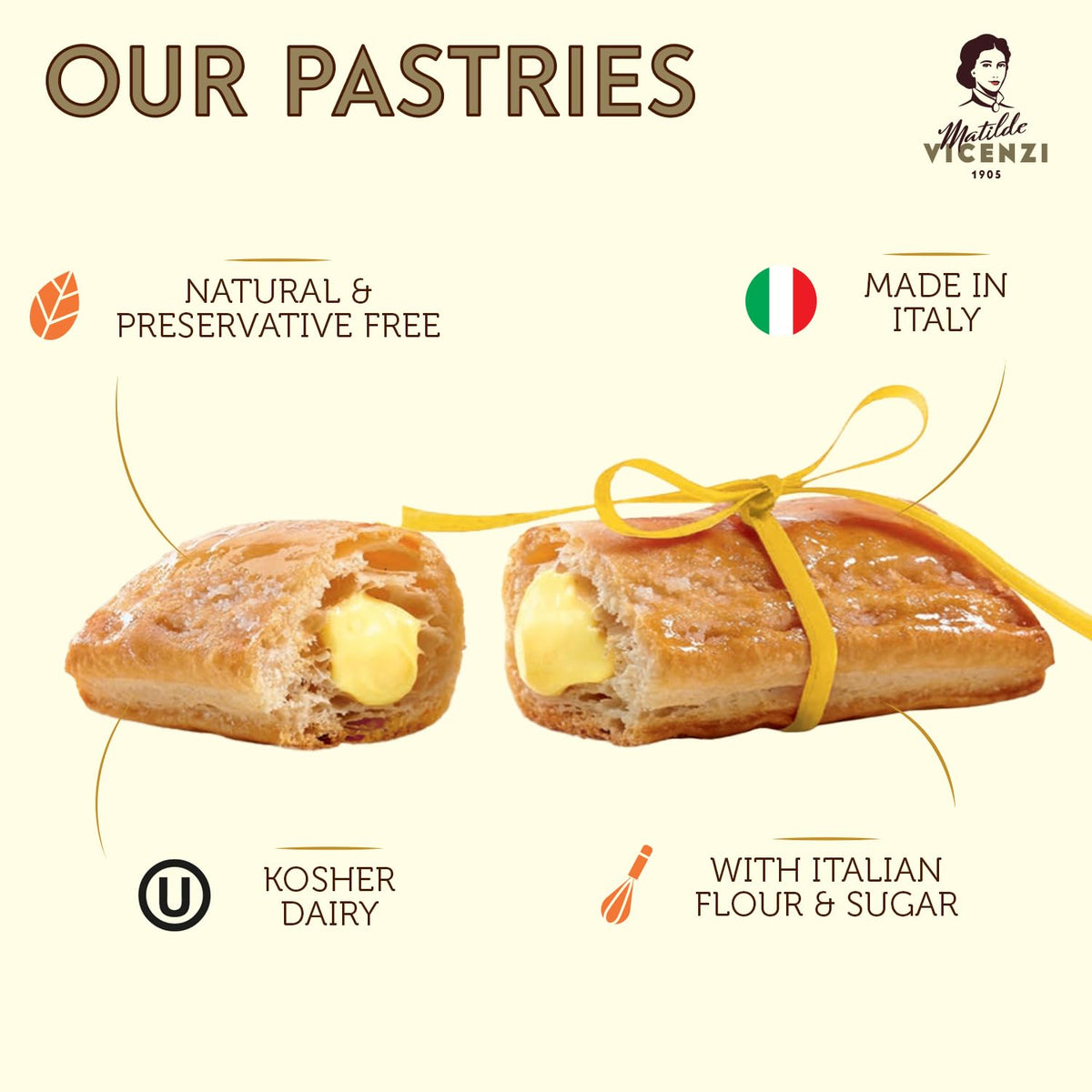 Delizia Pastry Cream , Cream Filled Puff Pastry Patisserie Rolls, All-Natural, Kosher Dairy, Made in Italy - 4.41oz (125g) Box, 4-Pack