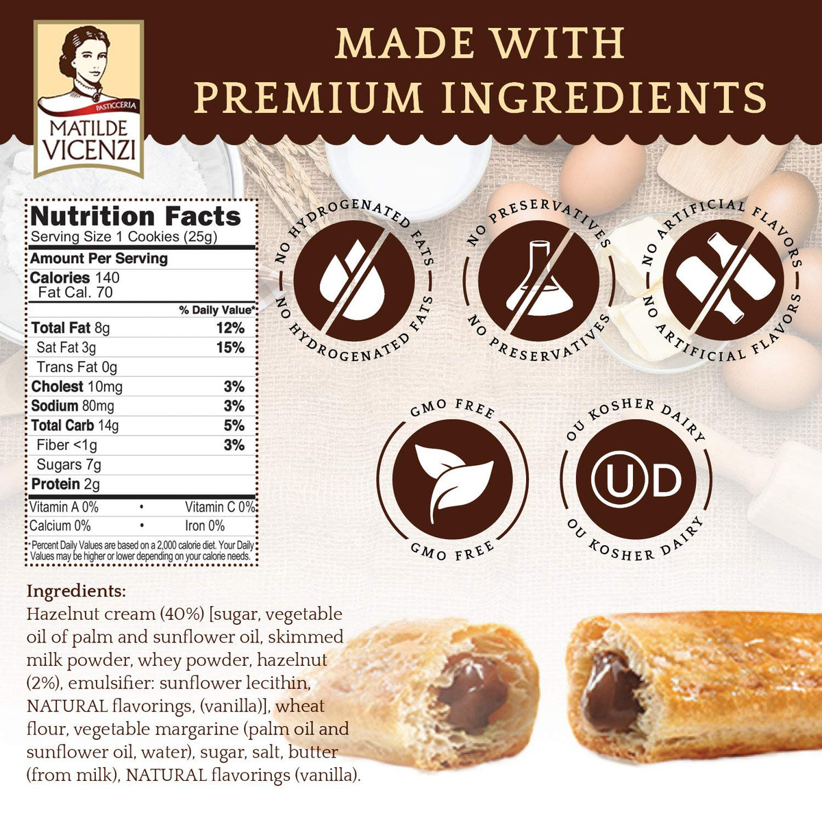 Delizia Pastry Cream , Cream Filled Puff Pastry Patisserie Rolls, All-Natural, Kosher Dairy, Made in Italy - 4.41oz (125g) Box, 4-Pack